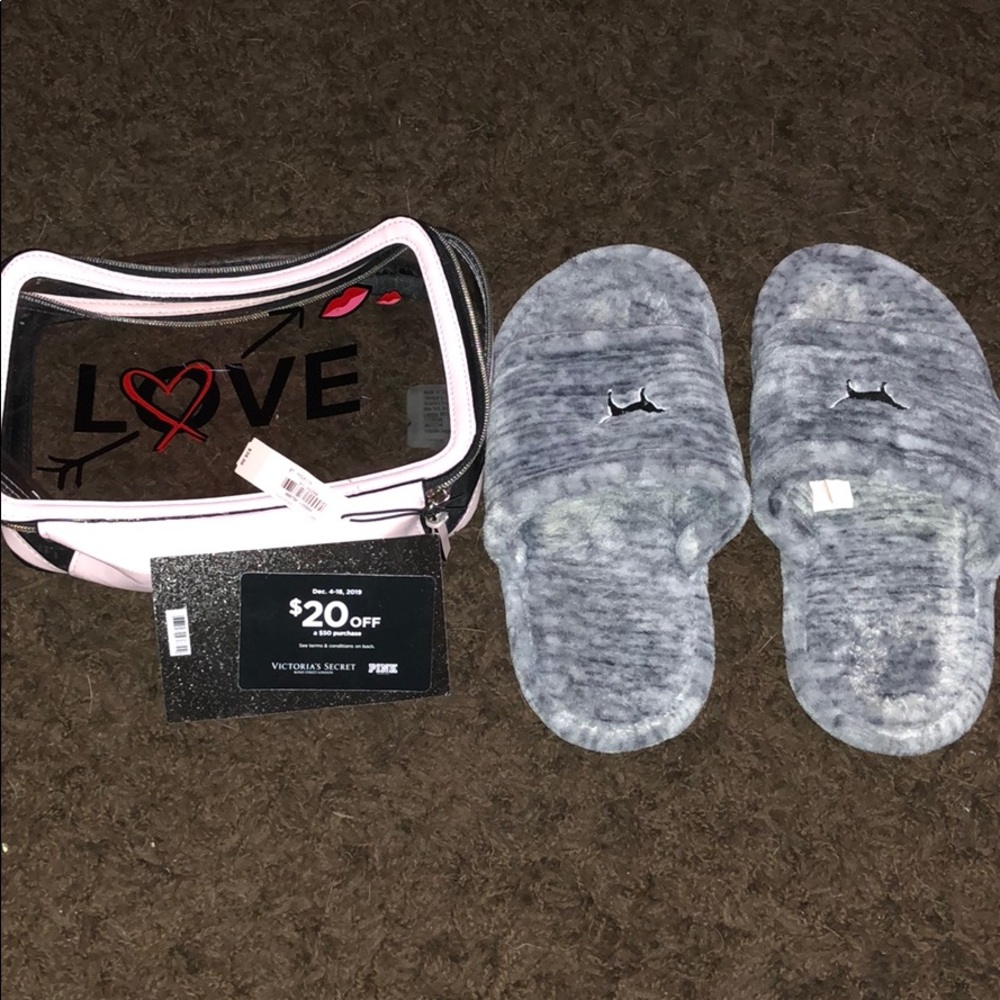 PINK slippers and VS makeup bag